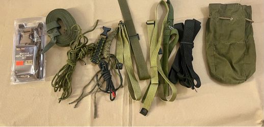 Military Tactical Gear Straps and Accessories: Mix of small tactical components, general utility cordage, & surplus field gear Including: Mil-Tec 9-Pi