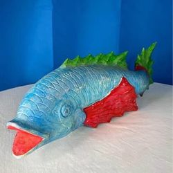 Large Colorful Hand Carved Wood Blue, Green, and Red Fish
