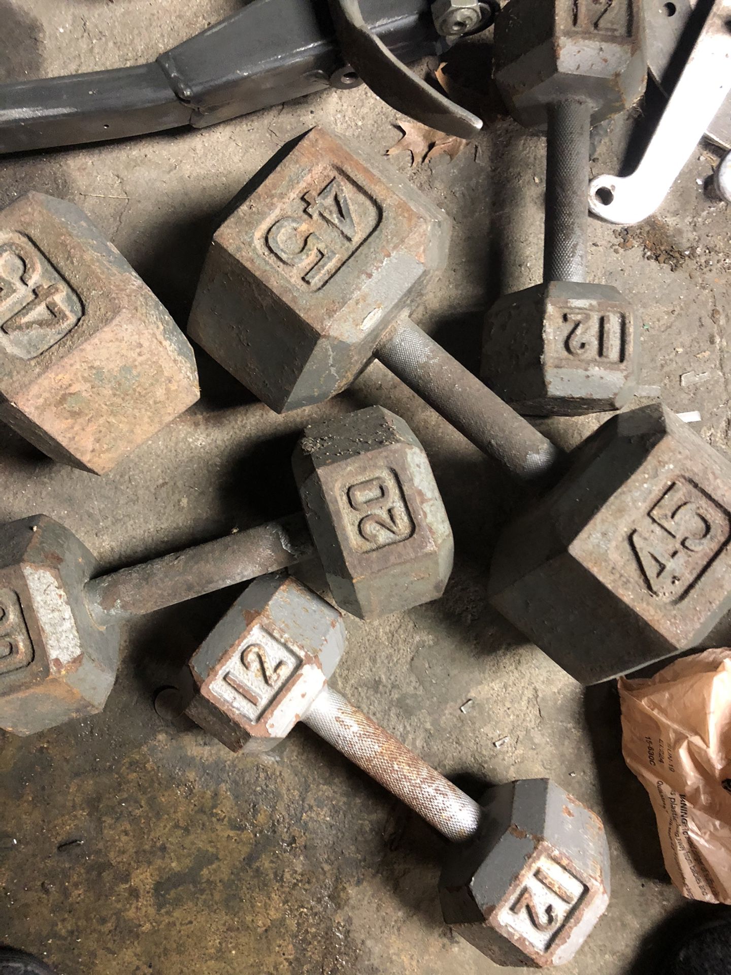Pairs of 12 20 and 45 pound dumbbells
