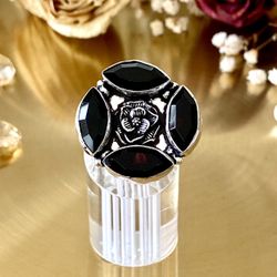 Black Onyx 925 Sterling Silver Overlay Flower Ring Size 8