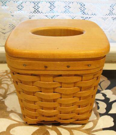 Longaberger Basket .. Cube Tissue Holder Box .. with Wood Top.. signed and Dated 1997. For cube tissue box .. measures 6.5" x 6.5" x 6.5". Good used