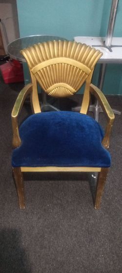 Gold Fan-Back Armchair with Blue Velvet Seat
