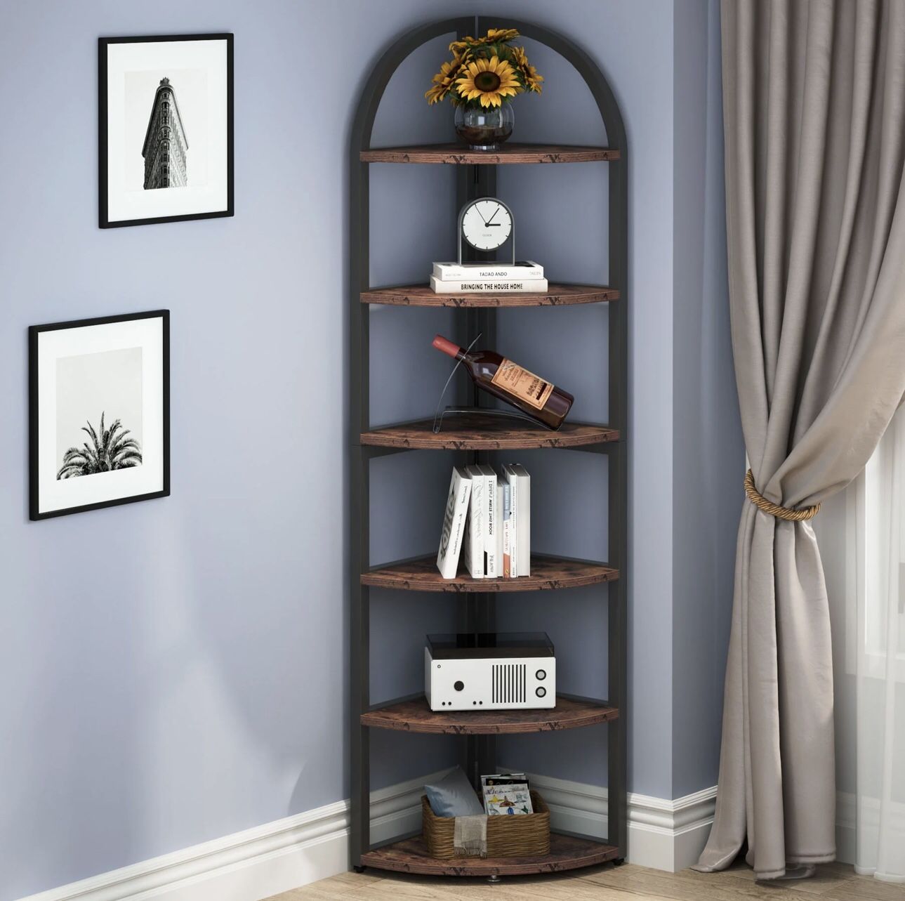 U0032 6 Tier Corner Shelf, 71 inch Tall Corner Bookshelf for Small Space