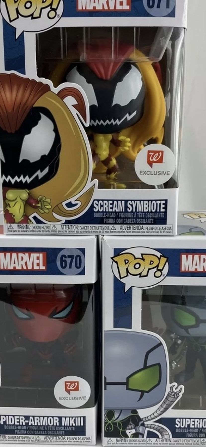 Marvel Funko Pop Scream Symbiote 671 Spider Armor MKIII 670 Superior Octopus 669