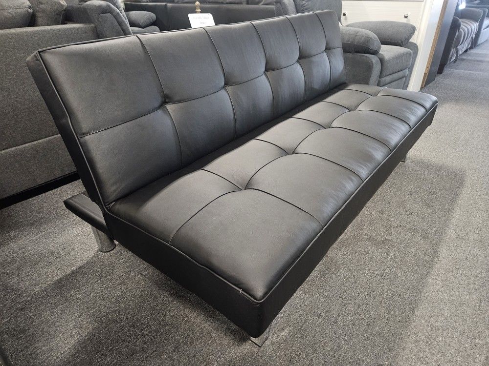Brand New 72" x 44" Black Faux Leather Sofa Futon