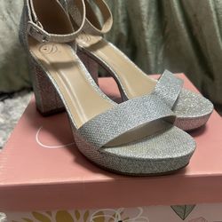 Size 7 Chunky Heal Platform Silver Metallic Ankle Strap
