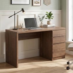 Brown Computer Desk with 3 Drawer - 53 Inch Wooden Home Office Writing Desk with Storage File Drawer, Modern Executive Desk for Bedroom, Living Room (