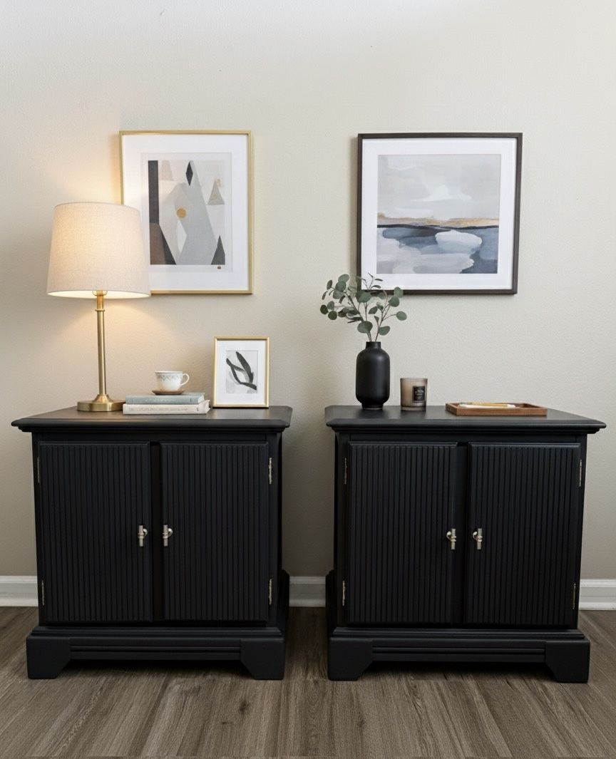 Pair of Custom Deep Green Fluted Nightstands / End Tables / Cabinets