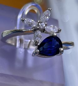 Pear Sapphire and Marquise Diamonds Flower Ring 18kWhite Gold Size8 ITALY NEW