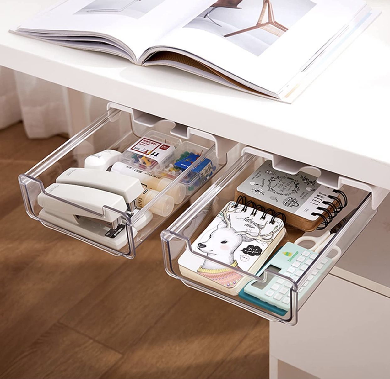 Under Desk Drawer Organizer Slide Out Desk Drawer Attachment,Concealed Self-Adhesive Under Desk Organizer with Independent Storage Space for Cell Phon
