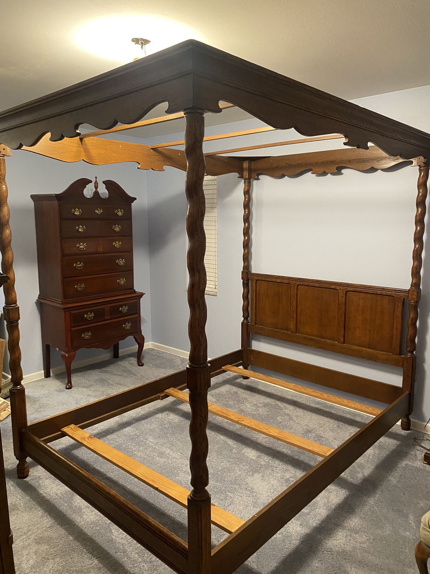 Vintage Drexel English Tudor 4 Poster Canopy Bed, Wardrobe, Dresser w/Mirrors, Night Stand