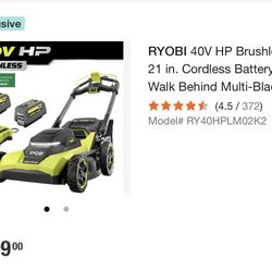 RYOBI 40V HP Mower w/ (2) 6.0Ah Batteries & Charger