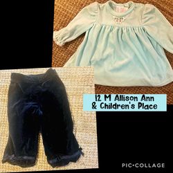 12 months, baby girls, Allison Ann soft swing top based butterfly shaped appliqué and children’s place black velveteen pull on pants  ruffle