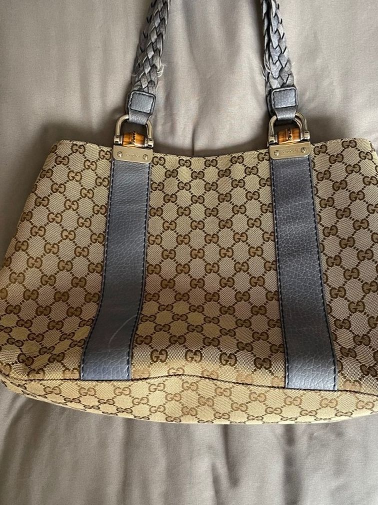 Gucci Beige CG Canvas Leather Bamboo Bar Medium Tote Bag