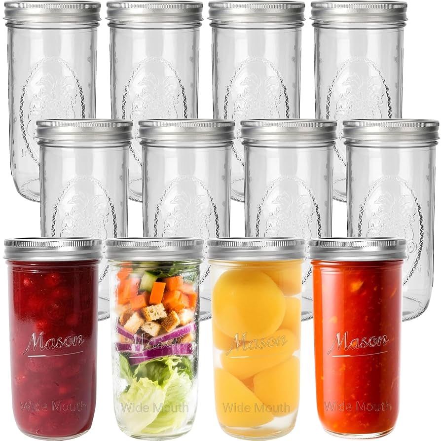24 oz Wide Mouth Mason Jars, Canning Jars with Metal Airtight Lids and Bands, 12 Pack Glass Storage Jars for Fermenting, Pickling, Meal Prep, Overnigh