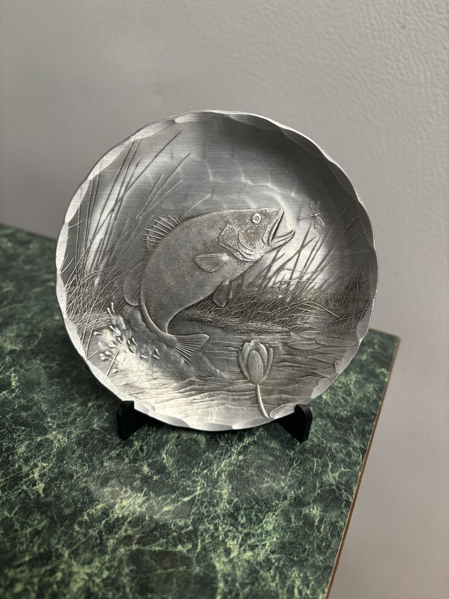 Wendell August Forge Pewter Bass Fish Plate Dragonfly Lotus Flower Handmade Metalware Art Rare