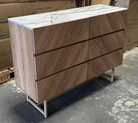 Modern 6-Drawer Bedroom Dresser with Faux Marble Top – Oak Wood, Mid Century Bedroom Chest, 2 LEFT!!