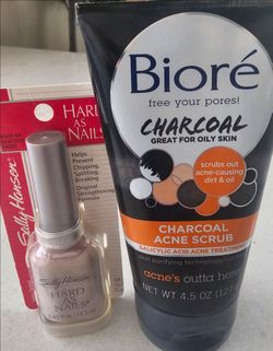 Hard as nails polish, & Biore Charcoal Acne Scrub,  Great for oily skin