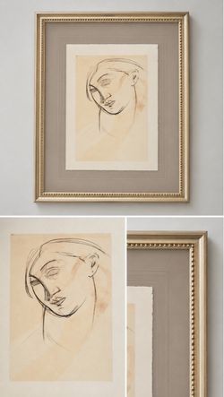 Framed Portrait, Modernist Art, Charcoal Drawing, Watercolor, Vintage Art, Gold Frame, Fine Art