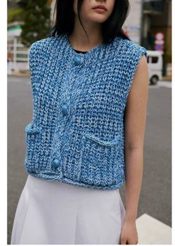 Zara Woman’s Loose Knit Blue Sweater Vest with Big Blue buttons, Sz L
