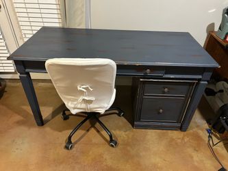 Wooden Desk with filing cabinet and chair