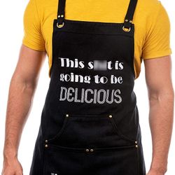 Funny Aprons for Men & Women with Embroidery - Heavy Duty Cross Back Chef Apron Funny Gift Box, BBQ Apron for Dad - Grilling Gifts for Men Cooking