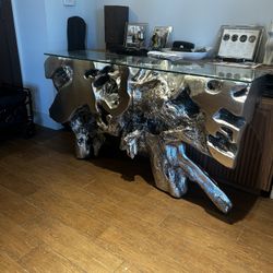Metallic Silver Tree Root Modern Sculptural Glass Console Table
