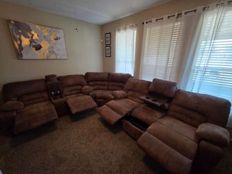 Large Brown Sectional Sofa with Recliners