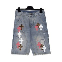 Chrome Hearts blue and white multi-color leather ink-splashed denim American work shorts