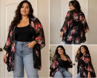 XL Black Floral Sheer Kimono Cardigan
