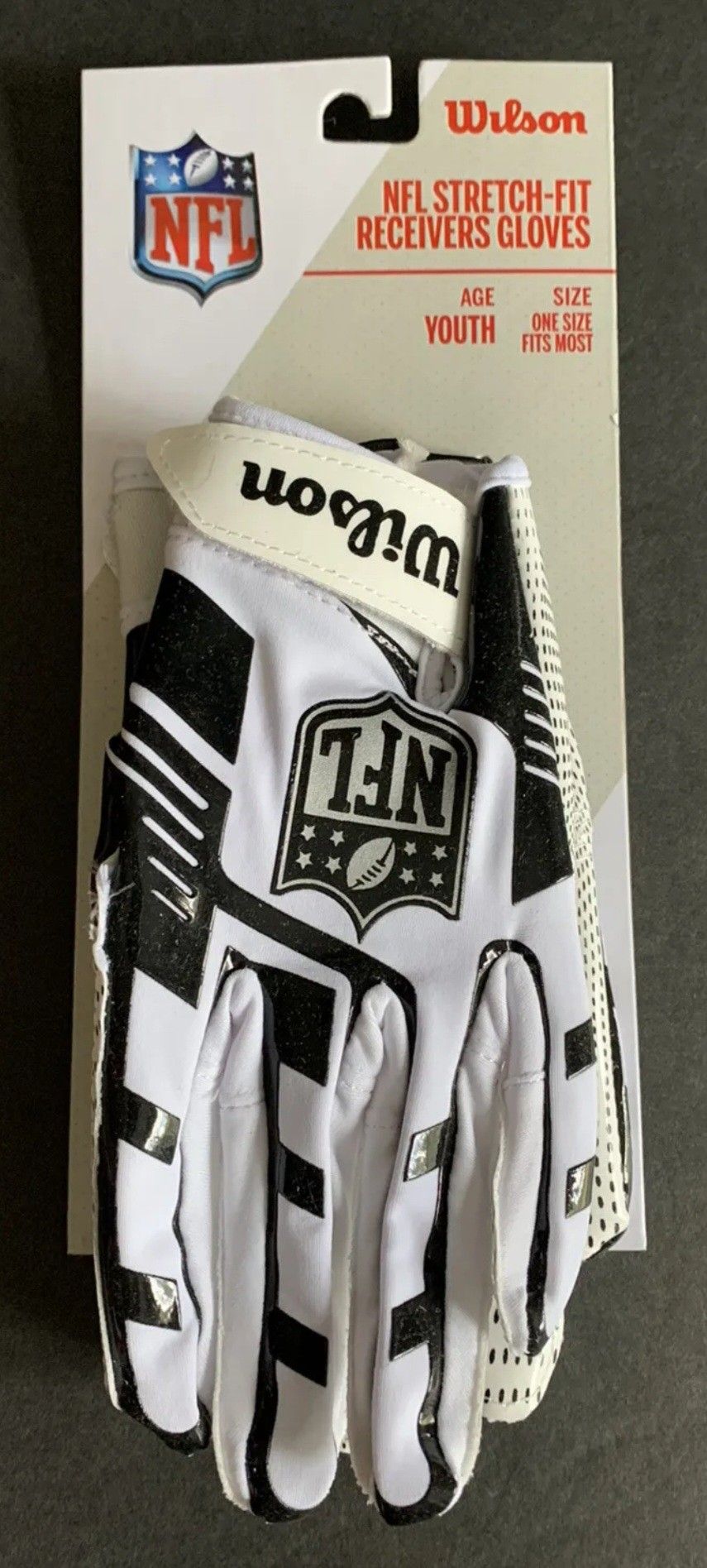 Wilson NFL Stretch-Fit NEW Youth Receivers White Black Gloves Size One Size