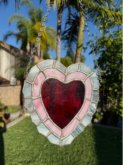 8” Stained Glass Red Heart w/ Wall Hanging Chain Home Decor