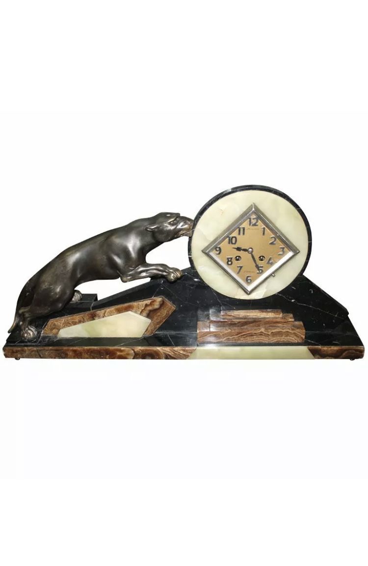 Art Deco antique French clock panther bronze