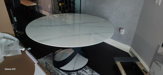 POVISON 59" Round Dining Table for 6, Glossy White Sintered Stone Dining Tabletop