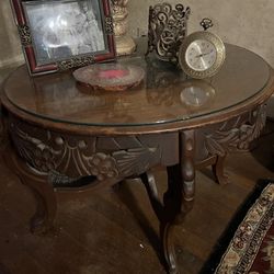 Antique Side Oak Table with Glass Top