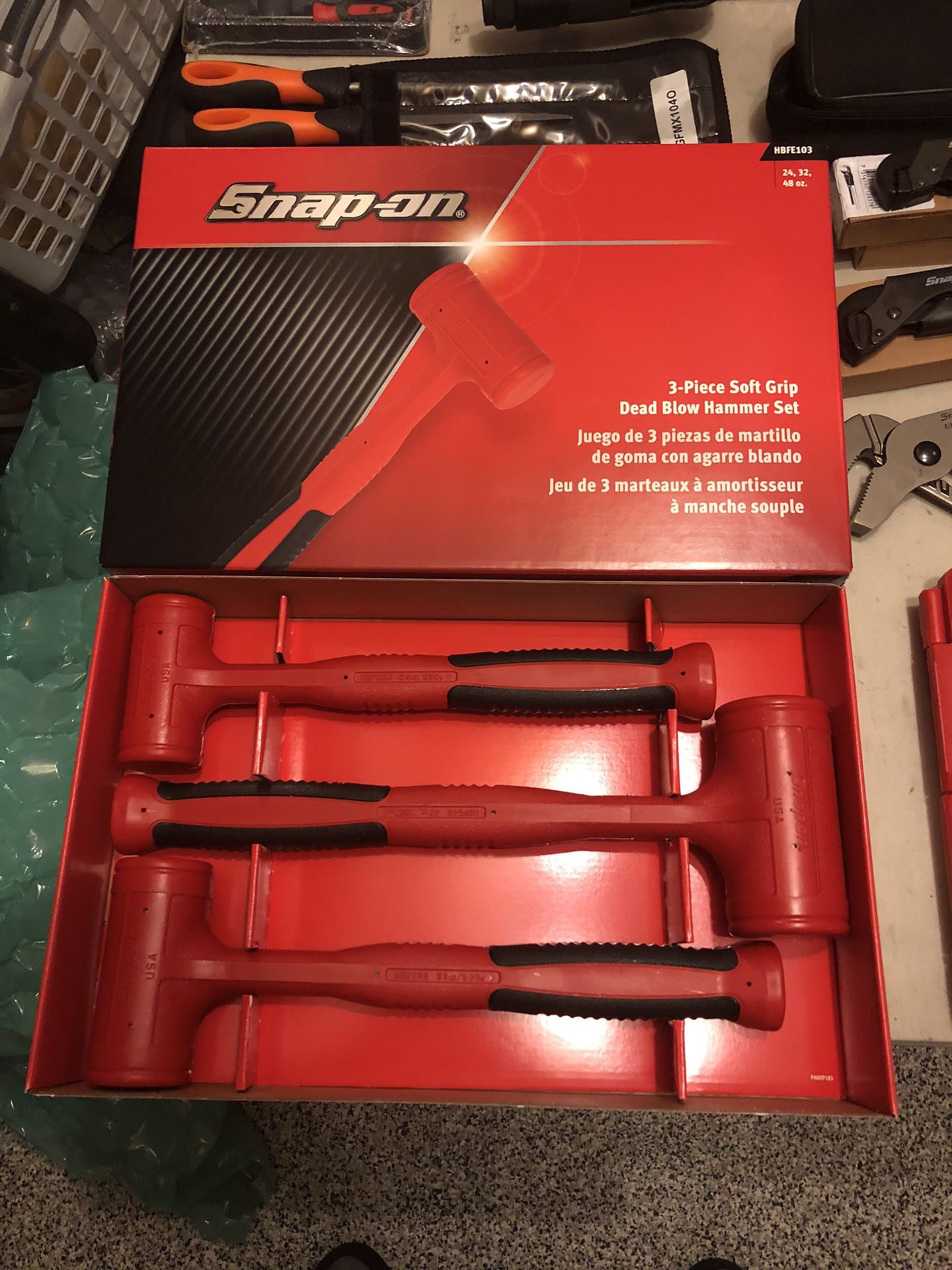 Snap on. New sealed 3pc soft grip dead blow hammer set 24-32-48oz $175 FIRM