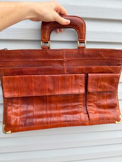 Vintage Brown Eel Skin Leather Briefcase Portfolio Bag Brass Hardware