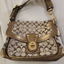Coach Signature Khaki Bronze Leather Shoulder Hobo Bag