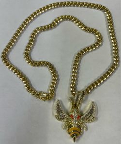 Gold Plated Sterling Silver Semi-Hollow Cuban Link Chain with Multi Color Stones Bee Charm Pendant