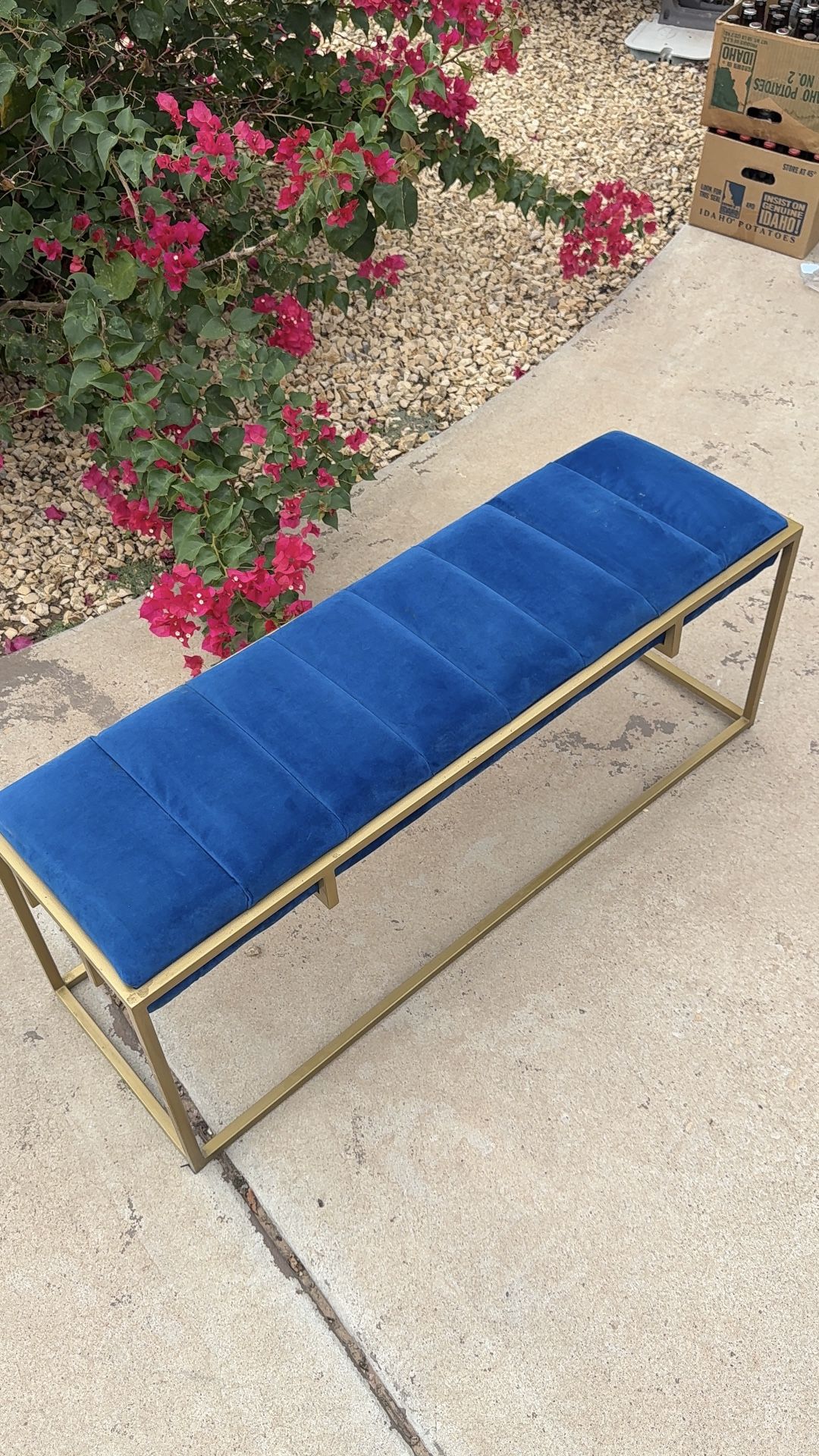 Modern Blue Velvet & Gold Metal Bench – Stylish Accent Seating