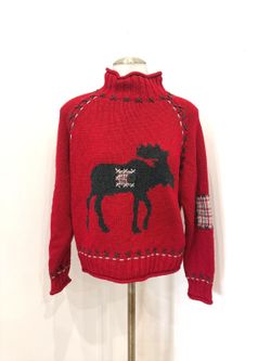 PBJ Sport Red Moose Intarsia Turtleneck Sweater Size M Vintage 90s