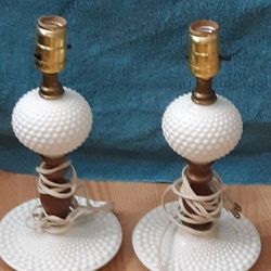 Vintage hobnail milk glass table lamps