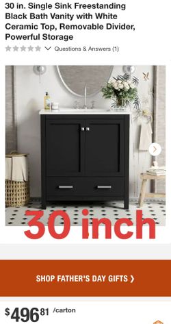 30 in. Single Sink Freestanding Black Bath Vanity with White Ceramic Top, Removable Divider, Powerful Storage