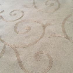 Beige Drapery Fabric. With Gold Embroidered Swirls. 