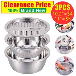 3 Pcs Kitchen Stainless Steel Multi-function Grater Slicer Washing Drain Basin