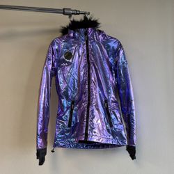 Tipsy Elves Women’s Iridescent Purple Snow Jacket – Faux Fur Hood – Size M – Performance Ski Coat