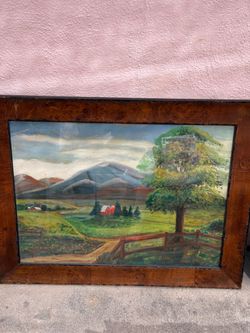 Vintage American folk art or naive-style landscape painting