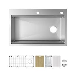 Glacier Bay Professional Zero Radius 33 in. Drop-In Single Bowl 16 Gauge Stainless Steel Workstation Kitchen Sink with Accessories=Pal-945