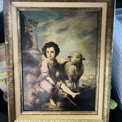 Vintage 12”X16” Oil Print Of The Good Shepherd