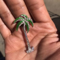 Vintage Sterling Palm Tree Brooch Enamel Painted Stamped Sterling Silver 